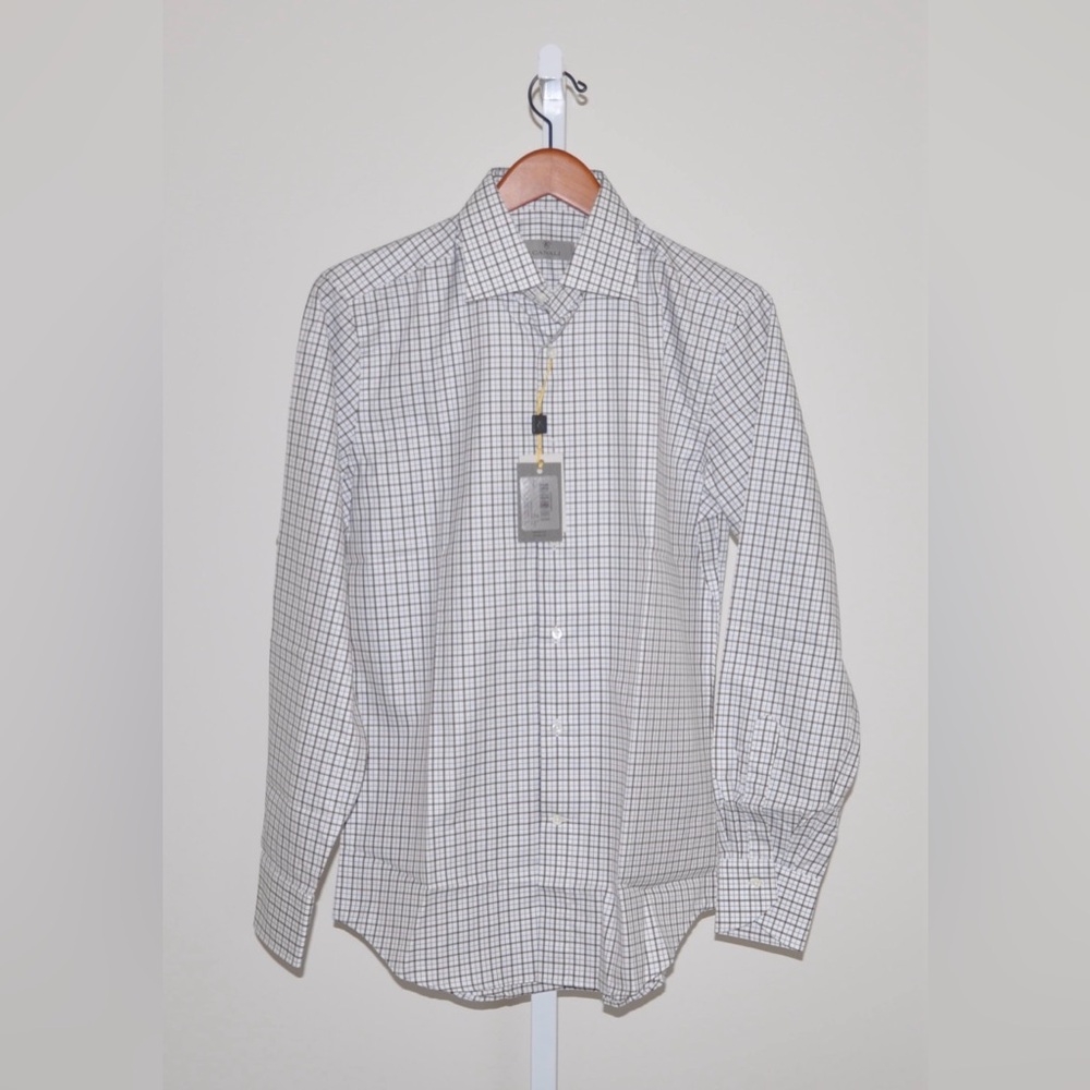 NEW Canali White Brown Blue Plaid Modern Fit Cotton Shirt IT 38 US 15 $295 Tags